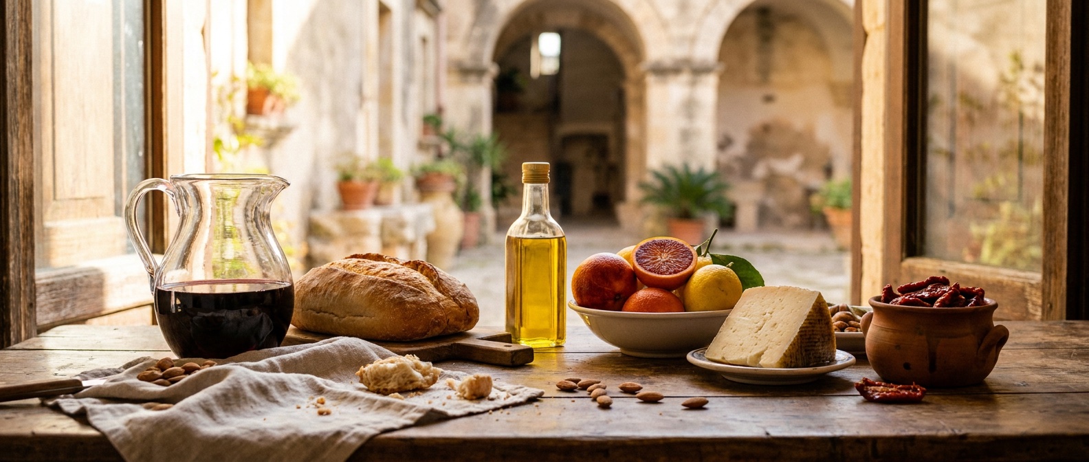 Sizilianische Tafel: Brot, Olivenöl, Blutorangen, Zitronen, Pecorino, Mandeln und getrocknete Tomaten