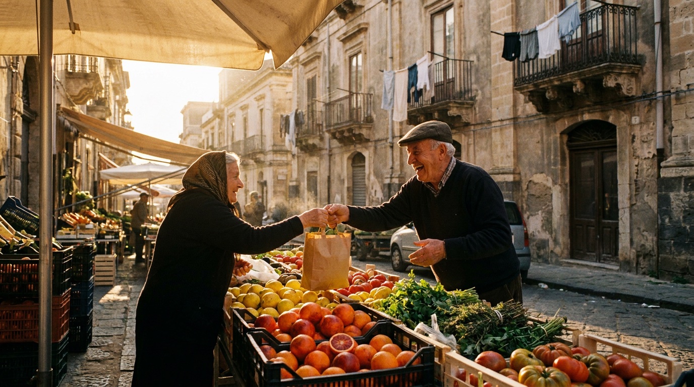 Sizilianischer Straßenmarkt im Morgenlicht — frische Blutorangen, Tomaten und Kräuter